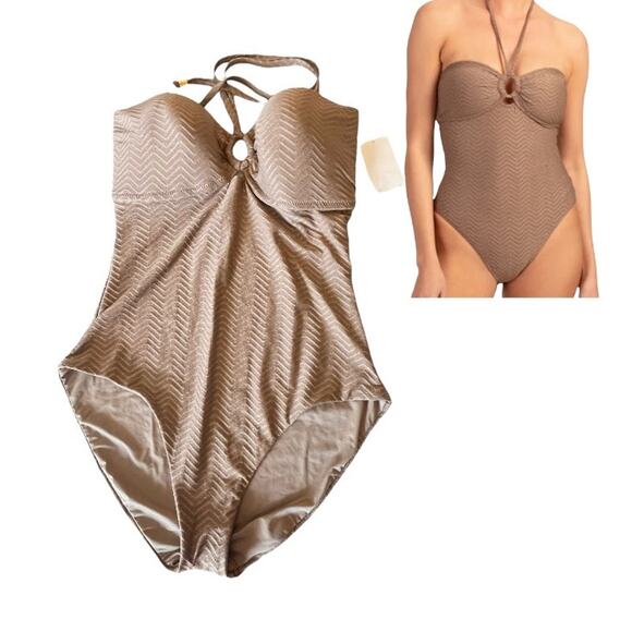 Trina Turk Empire Bandeau One-Piece SWIMSUIT 14 Womens XL Sandstone Taupe Halter - Picture 1 of 13